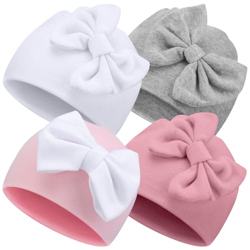 Cuffbow 4 Pcs Preemie Hats Baby Bow Cap Warm Cotton Hospital Premature Baby Beanie for Premature Boy Girl Newborn Infant(Classic Style Fresh Color Preemie Size)