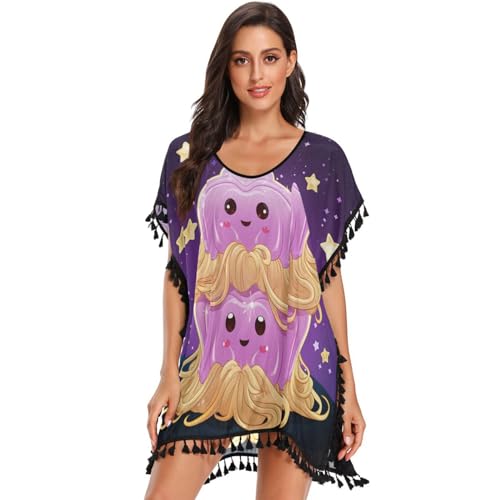 Doodle Art Cute Jellyfish Women's Beach Cover Up Chiffon Tassel Swimwear Swimsuit Coverups for Girl