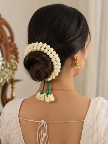 Image of Handmade Crochet Gajra Set of 2 for Women & Girls | Red & Cream Floral Hair Decoration | Traditional Indian Hairstyle Accessory for Navratri Onam Diwali Wedding