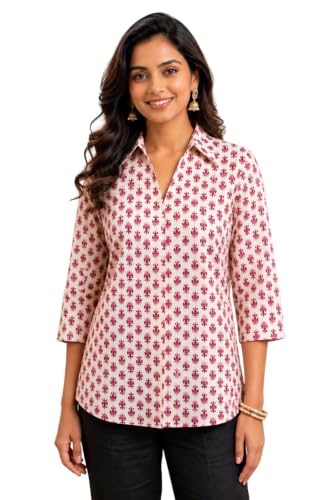 Image of Pure Cotton Long Hemline Shirt for Women Beautiful Printed Collared Neck Casual Western Shirt Top Formal Office Wear
