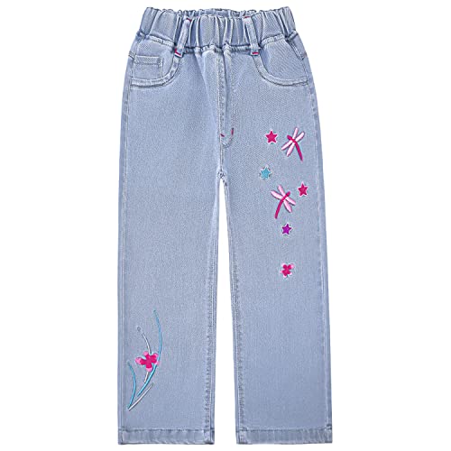 Peacolate 6-11 Ans Enfants Bébé Petites Filles Jeans Lâche Brodé Libellule Pantalon À Manches Longues Bleu Clair Denim Pantalon (Libellule Fleur, 9-10 Ans) Cover