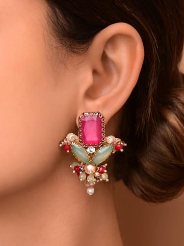 Image of SANJOYA Gold Plated Traditional Embroidered Jewellery for Women & Girls | Stone Studded Wedding, Festive, Mehendi, Sangeet Collection | Necklace, Earrings, Maang Tikka, Bracelet & Ring
