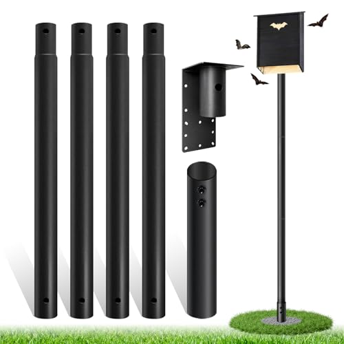 Elfmuyapole 12ft Bat House Pole, 1.9in Diameter Heavy-Duty Galvanized Steel Outdoor Purple Martin Bird House Pole with Ground Socket, Including Bat House Installation Bracket, Black