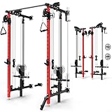 Folding Power Rack, Wall Mounted Squat Rack with Dual Independent Pulley System, Multi-Function Power Cage with 5 Adjustable Function Modes, Power Rack Trainer for Space Saving Home Gym