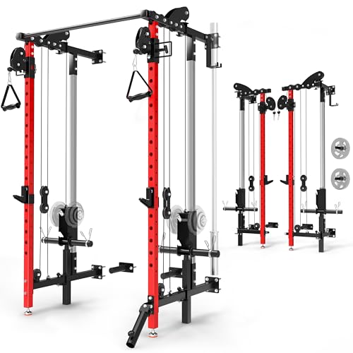 Folding Power Rack, Wall Mounted Squat Rack with Dual Independent Pulley System, Multi-Function Power Cage with 5 Adjustable Function Modes, Power Rack Trainer for Space Saving Home Gym