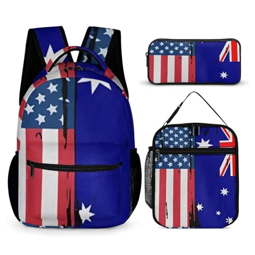 U.S.A And Australian Flag 3 PCS Backpack Set Casual Daypack with Insulated Lunch Bag & Pencil Case