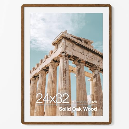 FLYJOE 24x32 Poster Frame | Solid Oak Wood 24x32 Picture Frame | 24 x 32 Picture Frame With Mat For 20x28 | Tempered Glass And Hanging Hardware Included | 24 by 32 Photo Frame Walnut 1 Pack