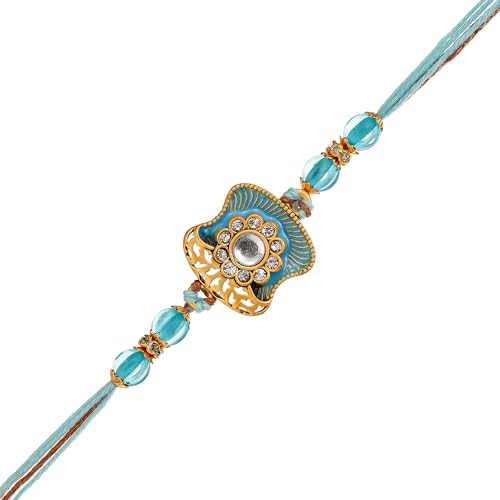 Image of eCraftIndia Blue Golden Beautiful Flower Designer Rakhi for Brother | Raksha Bandhan Rakhi for Bhai Bhaiya