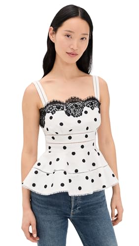 Self Portrait Women's White Polka Dot Linen Top, White, 0