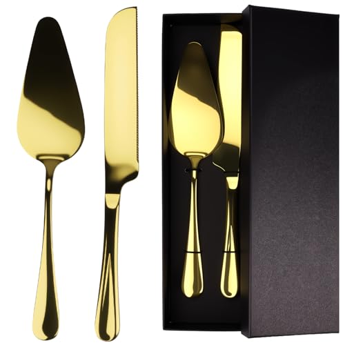 Auerllcy 2-Piece Stainless Steel Cake Knife And Server Set, Gift Box (Gold)