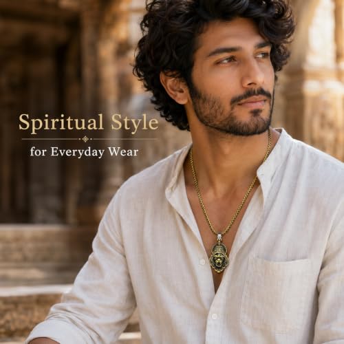 Image of M Men Style Narasimha Metal Pendant With 22 Inch Box Stainless Steel Chain | Lord Narshinha Trident Necklace | Hindu Religious Jewelry for Men & Women