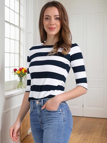 Allegra K Women's Striped Top Round Neck Tops Casual Long Sleeve Shirt2