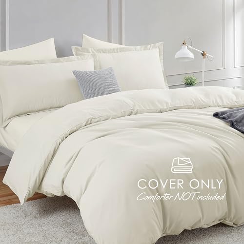 Image of Hearth & Harbor Off White Duvet Cover with Fitted Sheet Queen Size | 4 Piece Soft Double Brushed Bedding Set, Button Closure, 1 Duvet Cover 90x90 Inches, 1 Fitted Sheet, 2 Pillow Shams