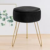 GERANT Multifunctional Vanity Stool,Modern Vanity Stools for Makeup Room,Velvet Round Ottoman Footrest Stool with Metal Legs, Upholstered Pleated Vanity Chair Stool for Living Room,Offices(Black)