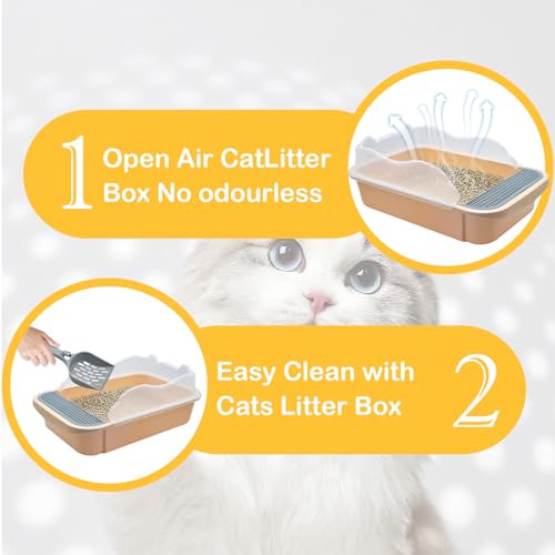 Image of Open Cat Litter Box with High Side,Anti-Splashing Cats Litters Pan,Kitten Toilet with Litter Sifting Scoop,Semi-Enclosed Removable Kittens Litter for Boxes Easy to Clean No Odork(Khaki)
