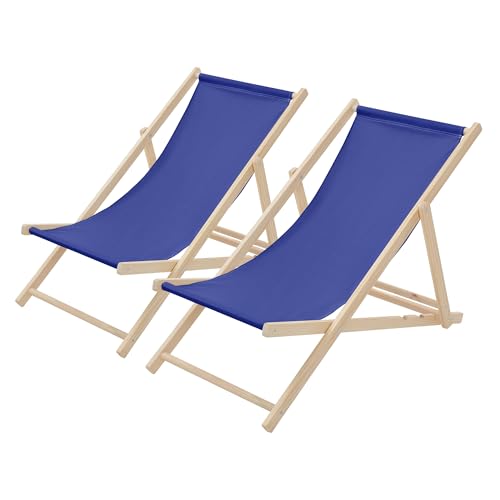 ECD Germany 2er Set Liegestuhl klappbar, Dunkelblau, aus Holz, Sonnenliege mit 3-Fach verstellbarer Rückenlehne, Strandliege bis 120 kg, Gartenliege, Strandstuhl, Relaxliege für Garten Balkon Terrasse