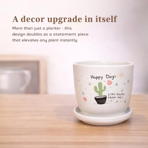 Image of Urban Upvan Happy Days Printed Ceramic Pot with Tray - Premium Decorative Planter for Indoor & Outdoor Plants, Modern Elegant Flower Pot for Home, Garden & Office