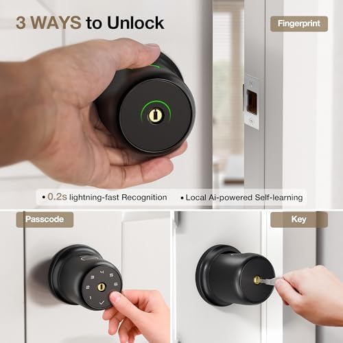 ThorBolt G1 Fingerprint Door Knob Lock with Keypad Biometric Door Knob Auto-Lock 4* AAA Alkaline Batteries Interior Door Lock for Bedroom, Garage, Office, Pantry Door Black - 1
