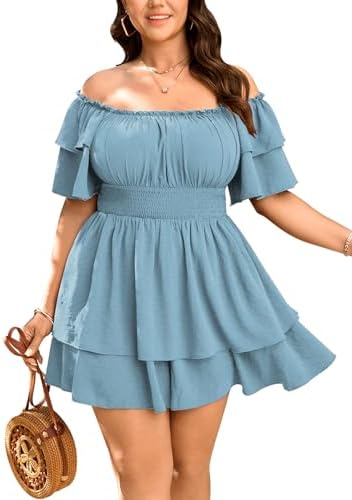 SCOMCHIC Women Plus Size Romper Dress Summer Off The Shoulder Squ...