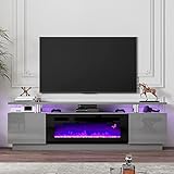 LUXOAK Modern Fireplace TV Stand with 36' Electric Fireplace, High Gloss Finish Media Console with Open Storage, LED Lights Entertainment Center for TVs Up to 80', Grey