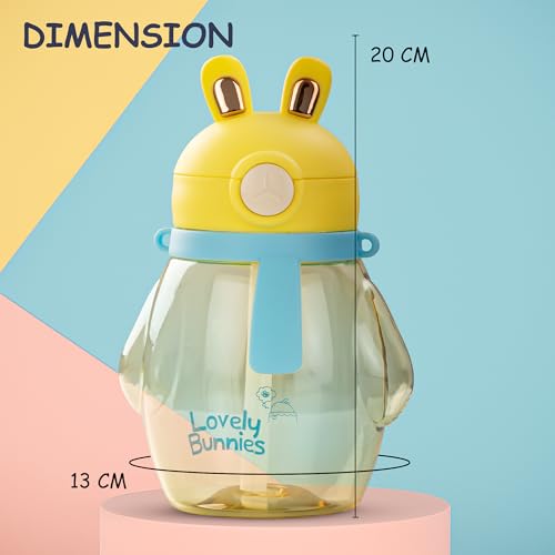Image of BAYBEE Lovely Bunnies Kids Water Bottle 600ml | BPA Free & Leakproof Safe Sipper Bottle with Straw | Cute Rabbit Design Smooth Sipping with Handle & Strap, Flip Lid for School Kids & Babys (Yellow)