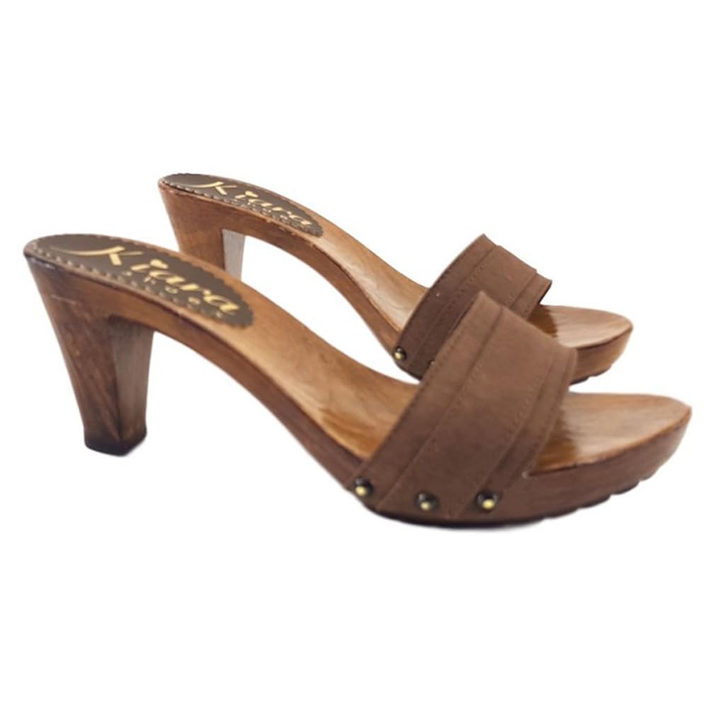 Kiara Shoes Zoccolo Donna con Tomaia in Tessuto Marrone Tacco 8 cm - Made in Italy - K5101 Marrone