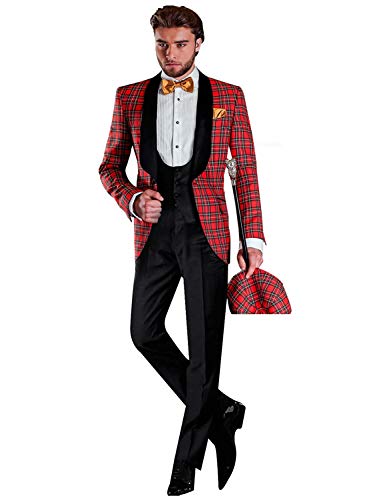 Costume plaid homme 3 pièces à col châle et motif carreaux élégants