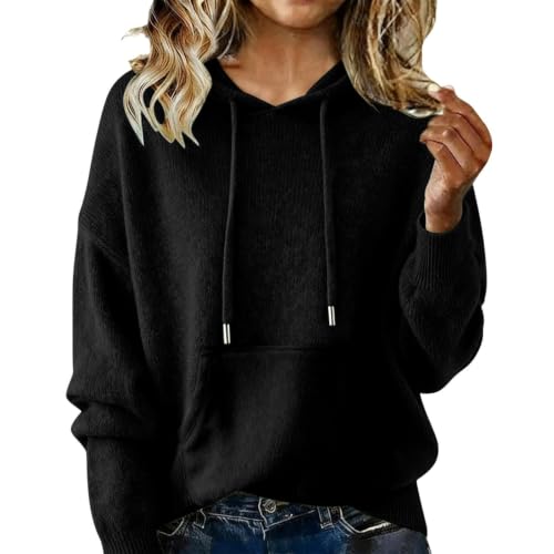 Image of Womens Oversized Hoodie Pullover Long Sleeve Casual Lightweight Hooded Sweatshirt Plain Trendy Loose Soft Top With Kangaroo Pocket Drawstring Thermal Ribbed Knit Sweater Autumn Winter Commute Outfits