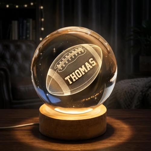 Image of Football Senior Night Gifts - Personalized American Football Crystal Ball Night Light, Custom Engraved LED Lamp with Name, Sports Fan Gift, Kids Teens Room Decor