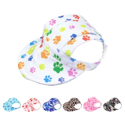 PET SHOW Paw Print Dog Baseball Cap Dog Visors for Small Doggy Cats Summer Waterproof Pet Sun Hats with Ear Holes Adjustable Drawstring Boy Girl Puppy Hat - White/XS