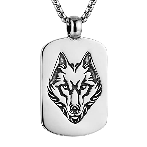 HZMAN Stainless Steel Dog Tag Necklace for Men Vintage Double Sided Viking Wolf Head Totem Pendant