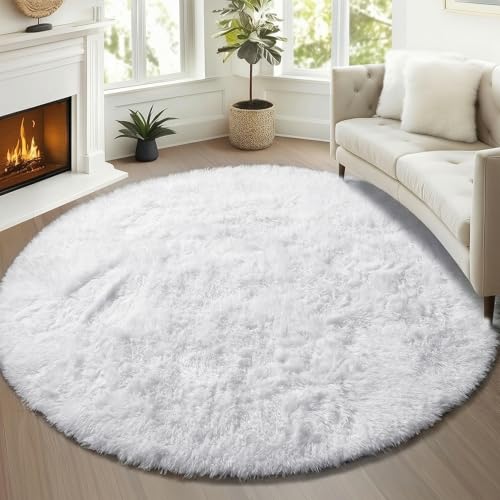 ONASAR White Round Area Rugs 5ft, Soft Bedroom Circle Rug Floor Mat for Kids Girls Boys Teen Room, Fuzzy Plush Shaggy Carpet for Baby Nursery Living Room Playroom Dorm Home Decor by ONASAR - Used condition - US$15.75