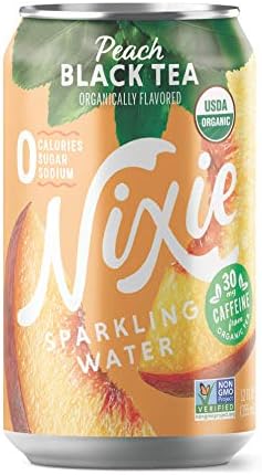 Nixie Sparkling Water, Peach Black Tea, Lightly Caffeinated (30mg) | 12 fl oz cans, 24 pack | Organic, Non-GMO, 0 Calories, 0 Sugar, 0 Sodium