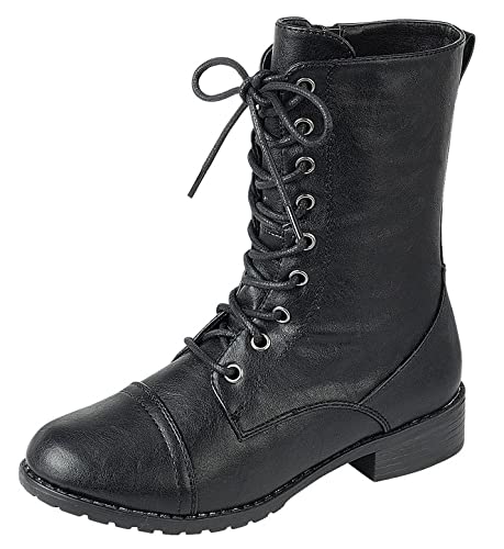 Image of Forever Link Womens Round Toe Military Lace Up Knit Ankle Cuff Low Heel Combat Boots