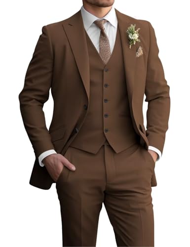 TUXBURNTXZ Mens Brown Suit 3 Piece Wedding Regular Fit Suits