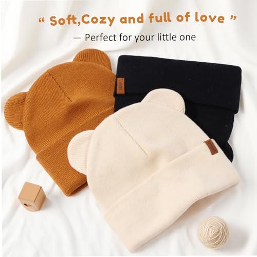 DANMY Baby Beanie Warm Winter Hat with Bear Ear for Infant Toddler Boys Girls Child Soft Knitted Skull Cap 0-6 Months