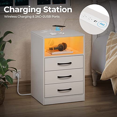 Seventable Nightstand With Wireless Charging Station And Led Lights, Modern End Side Table With 3 Drawers And Open Compartment For Bedroom, White #TOP5