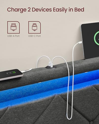 Vasagle King Bed Frame With Led Lights, Adjustable Headboard, Platform Bed With Underbed Storage Drawers, USB-A And USB-C Ports, 500 Kg Weight Capacity, No Box Spring Needed, Slate Grey RMB927GN01 - 5