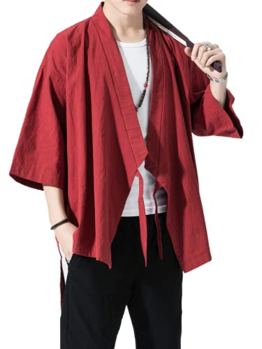 Image of Men's Japanese Kimono Cardigan Loose Cotton Linen 3 /4 Sleeve Open Front Casual Summer Shirt Jackets