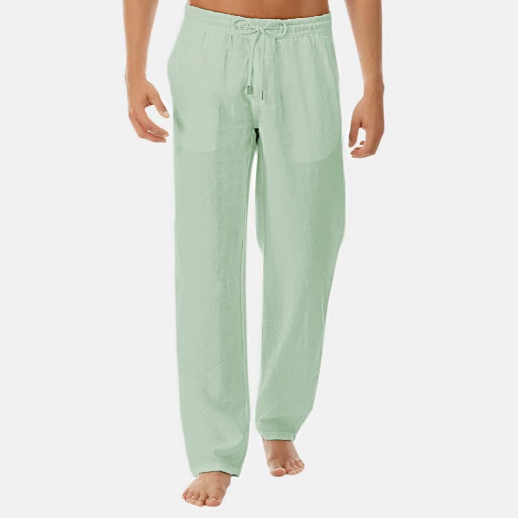DGHM-JLMY Men's Solid Casual Fashion Linen Pants Beach Summer Lightweight Trousers Straight Fit Drawstring Elastic Yoga Pants