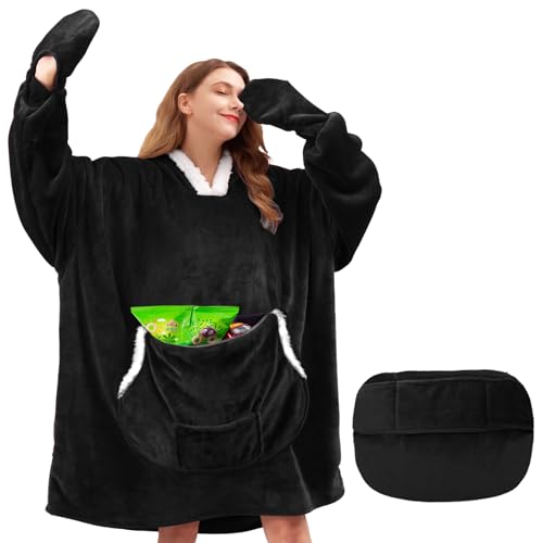 yescool Wearable Blanket Hoodie for Women - Oversized Sherpa Fleece Warm Sweatshirt Blanket with Sleeves and Huge Pockets Cozy Black Hooded Blanket Gifts for Adult Mom Men Teen