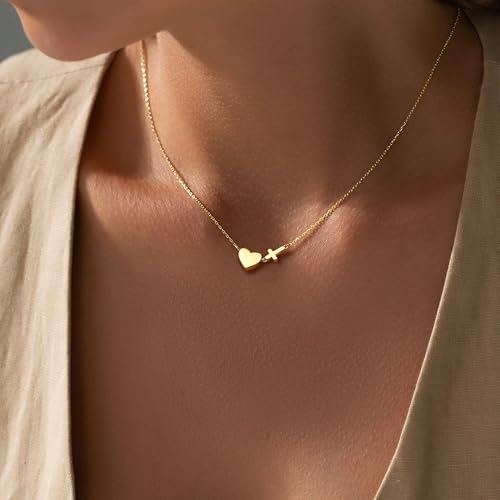 Inerney Cross Heart Necklace for Women, Dainty Pendant Necklaces 14K Gold Sterling Silver Plated Choker Chain, Cute Waterproof Non Tarnish Christian Religious Faith Jewelry Baptism Easter Gift2