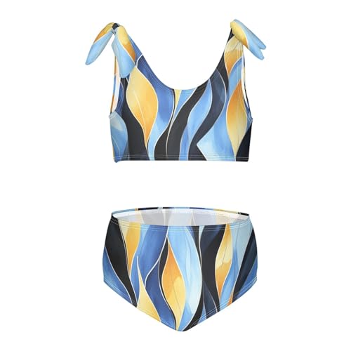 Blue Golden Theme Plant Black Pattern Girl Two Pieces Kids Bikini Set Beach Bathing Suit Swimming Suits Cute Shoulder