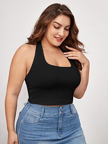 WDIRARA Women's Plus Size Sleeveless Backless Rib Knit Crop Halter Top3
