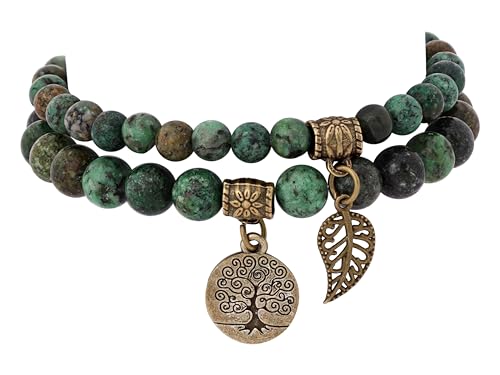 MINACHI Bohemian Beaded Bracelet Set, 2-Piece Layered, Created Stone with Leaf Tree Charm, Gift for Women
