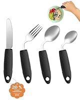 CuraVita Adaptives Besteckset (4-teilig) – 42° gewinkelt, 85 g gewichtetes Besteck bei Parkinson, Handzittern und Arthritis – ergonomische Esshilfen mit rutschfestem Griff (Linkshänder)