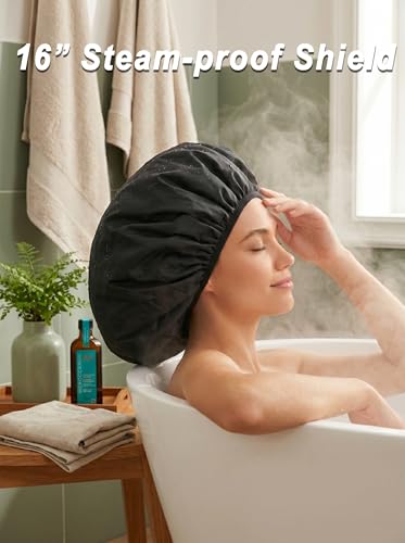 Auban Extra Large Shower Cap, Double-Layer Waterproof Reusable, XL Satin Lining Shower Bonnet for Women Thick, Long Hair, Locs, Braids(Black) - Image 3