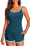 Yonique Women Tankini Swimsuit with Shorts - Two Piece Tummy Control Bathing Suit with Pockets 2025 Swimwear Teal and Green M