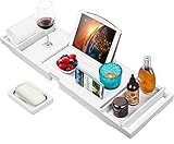 Artmalle Bathtub Caddy Tray for Luxury Bath,Expandable Bathroom Organizer with Wine and Book Holder,Free Soap Holder (White)