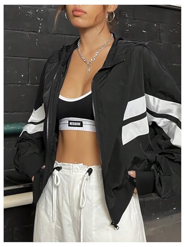 Verdusa Women's Color Block Zip Up Hooded Jacket Outerwear Loose Windbreaker Jackets3